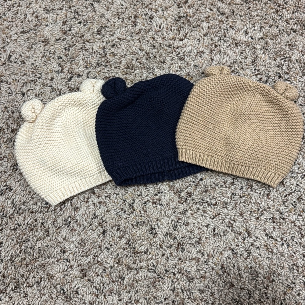 Adorable Knit Bear Ear Beanies for Baby - Cream, Navy, and Tan